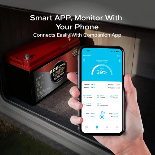 Vista 3 de Paquete de 2 baterías recargables ECI Power LiFePO4 de litio de 12 V 100 Ah Bluetooth 5000 ciclos de vida y 10 años de vida útil BMS integrado