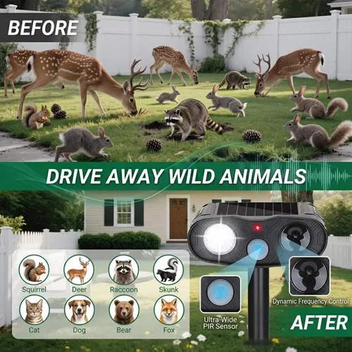 Vista 7 de Paquete de 4 repelentes solares de animales: dispositivo repelente de ciervos Sonic Fortress Pro para patio, repelente ultrasónico de gatos al aire