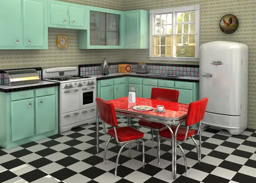 Vista 2 de Telón de fondo retro de tela de 5 x 3 pies para fotografía interior, cocina, comedor, escena, fondo de los años 50, decoración de cumpleaños