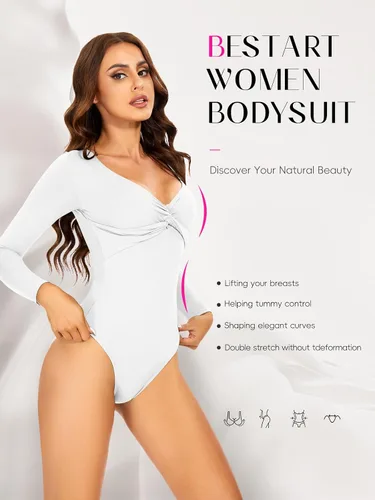 Vista 2 de Body para mujer, cuello en V, nudo frontal, manga larga, sexy, con cierre a presión, colección Moon