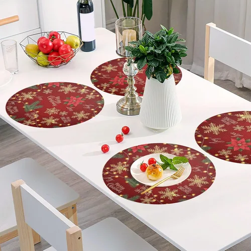 Vista 6 de Gold Snowflakes Red Placemats, Non Slip Placemats Washable Heat Resistant for Kitchen Table one sizex1