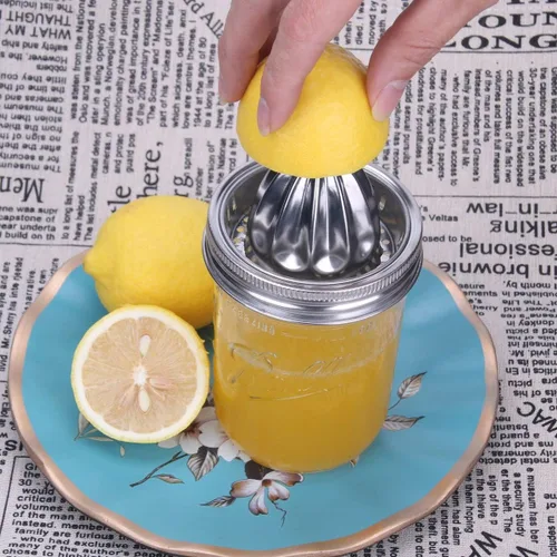 Vista 3 de Mason Jar - Tapa exprimidora de acero inoxidable (2 piezas), escariador de cítricos para tarro Mason de boca ancha, exprimidor de limón, exprimidor