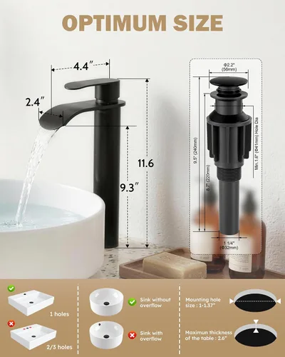 Vista 7 de Canilla para lavabo de recipiente color negro para baño: WOWOW - Canilla de baño alta de una sola manija - Canilla mezcladora de caída en cascada
