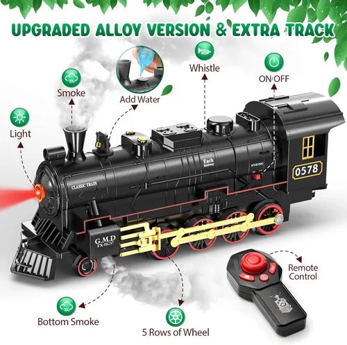 Vista 2 de Hot Bee Juego de tren para niños, juguetes de tren de aleación a control remoto con locomotora de vapor, vagones de carga, vías, trenes con luces