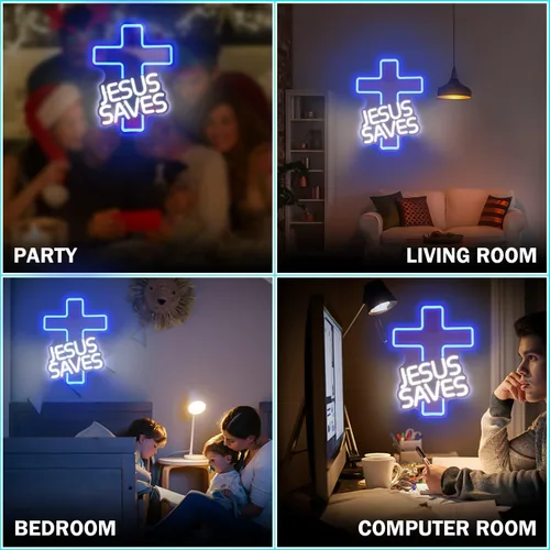 Vista 4 de Letreros de neón con cruz de Jesús salva, letreros LED para decoración de pared, regulables, luces de neón de Jesús para dormitorio, sala de estar