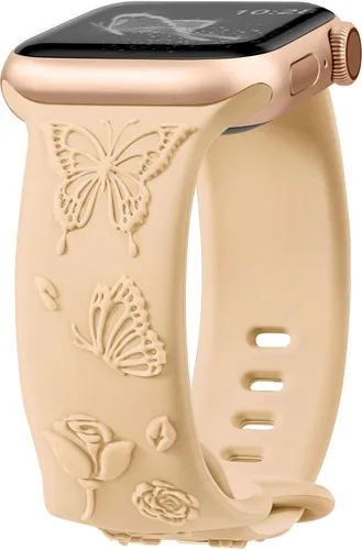 Vista 8 de Melyis Correa deportiva de silicona suave grabada con diseño floral y mariposa compatible con Apple Watch de 1.575 pulgadas, 1.614 pulgadas, 1.496