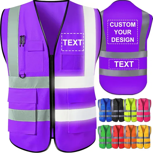 Vista 10 de Chaleco de seguridad personalizado para hombre con bolsillos con logo, chalecos reflectantes de alta visibilidad para construcción, ropa