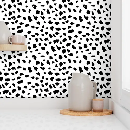 Vista 8 de Spoonflower Papel tapiz para despegar y pegar, blanco y negro, puntos de dálmata, puntos de leopardo, piel de animal, género, neutro, impresión