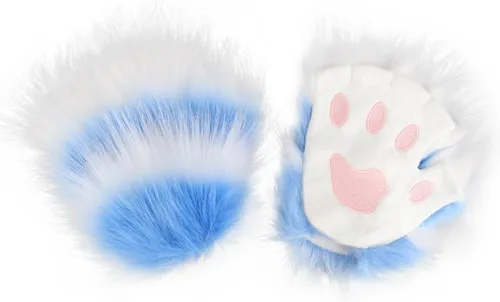 Vista 6 de Juego de orejas de gato de piel sintética y cola de zorro lobo, kit de guantes de garra para niños y adultos, para Halloween, anime, fiesta