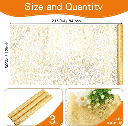 Vista 2 de Tatuo 3 piezas de camino de mesa dorado con brillo metálico, camino de mesa metálico con brillo con rollo rectangular de poliéster para decoración