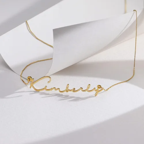 Vista 5 de MyNameNecklace - Collar con nombre de estilo escrito a mano, metal precioso, plata 925 y oro con placa de identificación personalizada, regalo