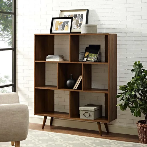 Vista 5 de Modway Transmit Mid-Century Offset Cube - Estantería de madera de 7 niveles en nogal