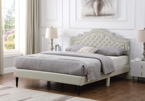 Vista 3 de Base de cama de plataforma tapizada tamaño Queen con cabecero ajustable de 47 pulgadas de alto, cama de lino copetuda con botones, soporte de Beige