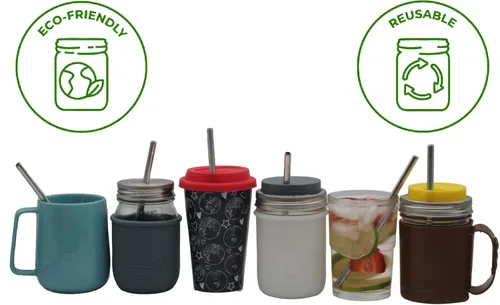 Vista 5 de Pajitas de metal de acero inoxidable de extremo redondeado medianas más seguras para tarros de pinta masón, tazas medianas o vasos de pinta