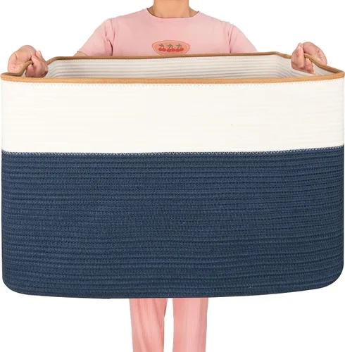 Vista 10 de MINTWOOD Design 112L Canasta Extra Grande para Mantas con Soporte para Sala de Estar, 25"x17"x16" Canasta de Almacenamiento de Cuerda Tejida