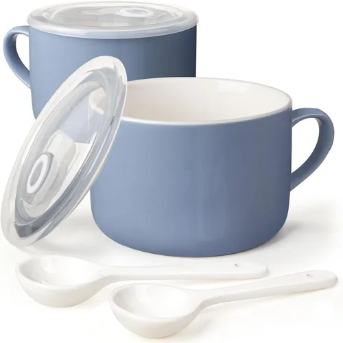 Vista 14 de Tazones de sopa con asas y cucharas, cuenco de cerámica para ramen de 30 onzas con tapa, tazas grandes para fideos instantáneos, cuencos grandes