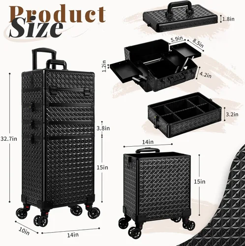 Vista 4 de AROUS Estuche de maquillaje rodante 5 en 1, estuche de cosmetología con ruedas, gran organizador cosmético, carro de viaje para estilista, artista