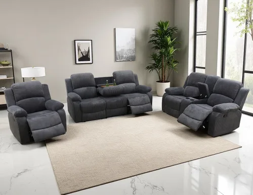 Vista 18 de Sofá reclinable manual, sofá reclinable de lujo de 3 plazas, sofá reclinable con portavasos y mesa de café, sofá de cuero sintético para sala
