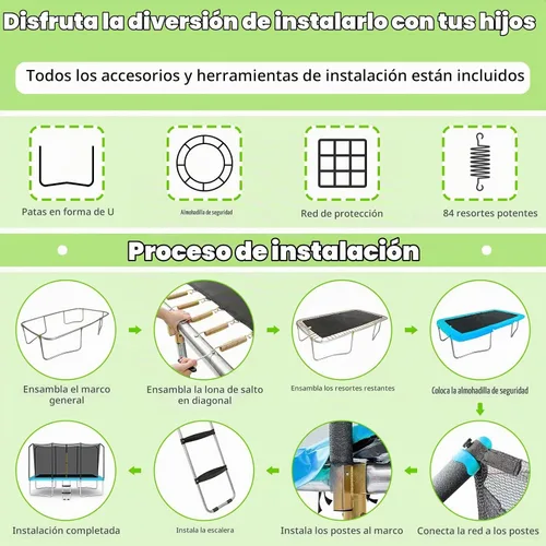 Vista 5 de Giantex Trampolín rectangular de 8 pies x 14 pies con certificación ASTM con recinto, escalera, marco de acero galvanizado de doble cara, carga Azul