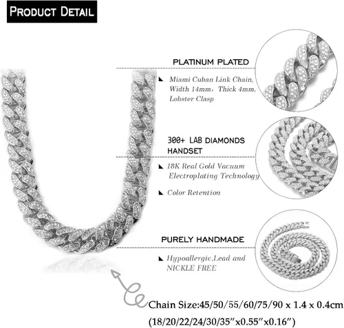 Vista 3 de Halukakah Cuban Link Chain for Men Iced Out,1520MM Men's Gold Chain Miami Choker Necklace 16"18"20"22"24"30"35" Bracelet 7"8"9" in 18kt Real