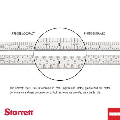 Vista 3 de Starrett Regla de acero totalmente flexible con acabado cromado satinado, lectura rápida y graduación en pulgadas, graduación 3R, 6 pulgadas