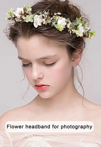 Vista 3 de AWAYTR Corona de hojas y flores, diadema ajustable con diseño floral para novia, boda, festival, fiesta, corona de hojas de flores (blanco crema)