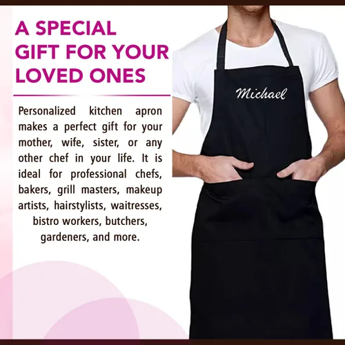 Vista 5 de Delantales personalizados para hombres y mujeres Delantal personalizado con nombre bordado y bolsillos para cocina, pintura, manualidades, salón