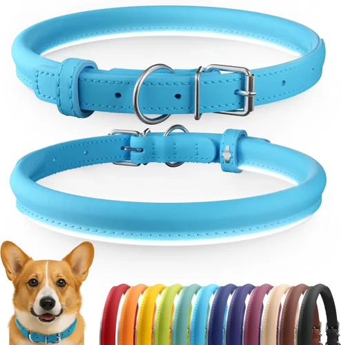 Vista 21 de CollarDirect - Collar de cuero enrollado para perro, collar redondo acolchado suave para cachorro, collar de cuero auténtico hecho a mano