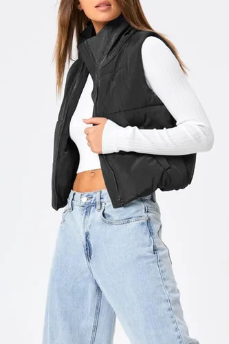 Vista 5 de Trendy Queen Chaleco acolchado para mujer, sin mangas, ropa de abrigo de invierno, cálido, ligero, a la moda, cuello alto, chaleco de plumón