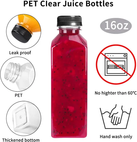 Vista 3 de DEPEPE Botellas de jugo de plástico de 16 oz con tapas, 24 botellas de jugo para sacar Botellas de jugo con tapas, recipientes transparentes a