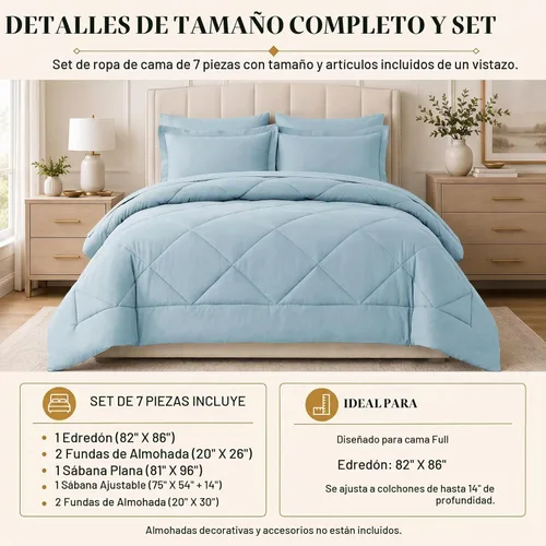 Vista 2 de CozyLux - Juego de edredón matrimonial de 82 x 86 pulgadas, color azul Azul claro