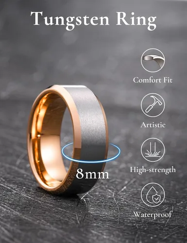 Vista 2 de King Will Anillo de tungsteno para hombres de King Will - Disponible en 6 mm a 10 mm, negro/plata, acabado mate, borde biselado pulido, ajuste