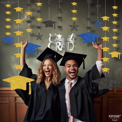 Vista 7 de KatchOn, Guirnalda de gorra de graduación con purpurina, 12 cuerdas, sin bricolaje, decoraciones de graduación azules y doradas 2025, decoraciones