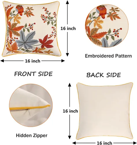 Vista 2 de Juego de 2 fundas de almohada bordadas de otoño de 16 x 16 pulgadas, diseño de pájaros vintage Hojas de arce, tela duradera, decoración bohemia