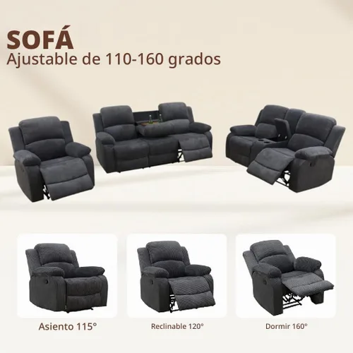 Vista 3 de Juego de sofá reclinable manual de 3 piezas, sofá reclinable de pana para sala de estar Gris oscuro