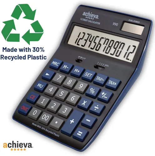 Vista 4 de Achieva Calculadora de escritorio con pantalla LCD de 12 dígitos Azul Llave de marcado, interruptores decimales y redondeadores seleccionables