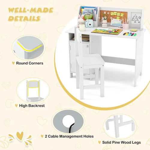 Vista 6 de Costzon Juego de escritorio y silla para niños, mesa de estudio de madera para niños con almacenamiento, gabinete, tablero de anuncios de corcho
