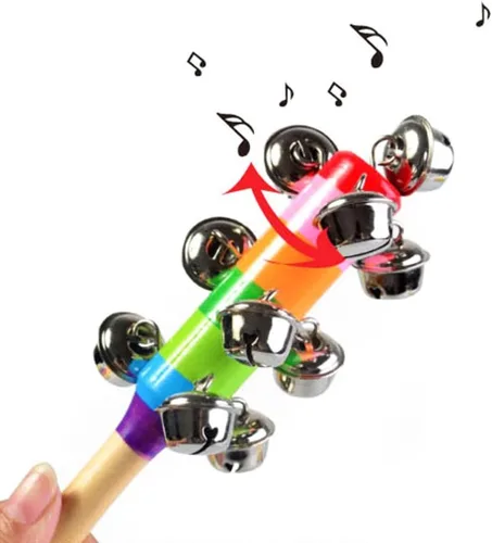 Vista 2 de 6 campanas de madera de cascabel, mango de arco iris, campanas de madera, palillo de cascabel, sonajero, juguetes musicales para bebés y niños
