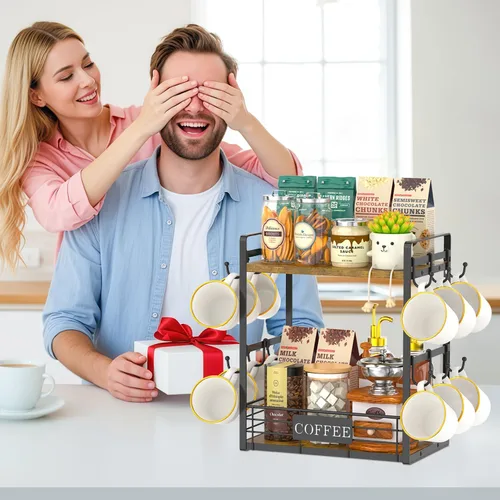Vista 8 de EsLuker.ly Soporte para tazas de café, organizador de estación de barra de árbol, soporte para tazas de 2 niveles para encimera de cocina, estante