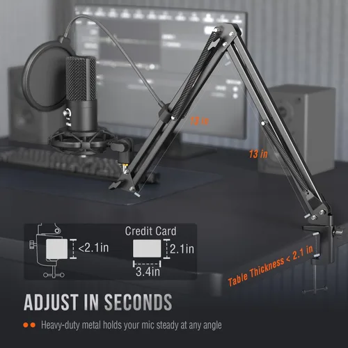 Vista 7 de FIFINE Micrófono USB de condensador de estudio, kit de micrófono para computadora con brazo de brazo ajustable, soporte de choque para instrumentos