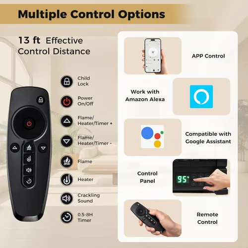 Vista 5 de ORALNER - Juego de troncos para chimenea eléctrica WiFi de 26 pulgadas, calentador de cuarzo infrarrojo con sonido crepitante, control remoto