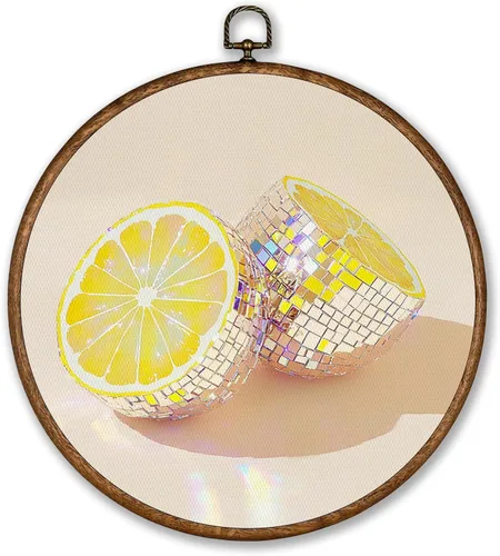 Vista 11 de Voxitura Arte de pared de frutas de cereza disco con marco redondo, decoración de pared preppy lienzo femenino para habitación de cocina, pinturas