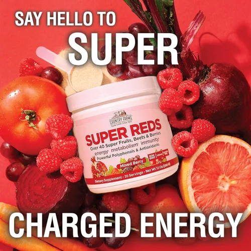 Vista 5 de COUNTRY FARMS Super Rojos, Superalimento energizante de polifenoles, más de 40 súper frutas y bayas, potentes antioxidantes y polifenoles, apoya
