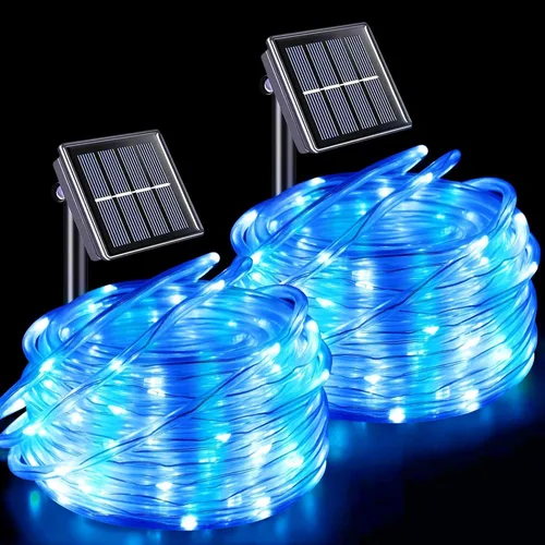 Vista 11 de QITONG Paquete de 2 luces solares verdes, cada cadena de 100 luces LED de 33 pies para exteriores, 8 modos de luces de hadas en tubo de PVC