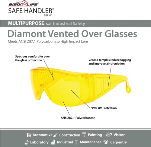 Vista 7 de SAFE HANDLER BISON LIFE Diamont Vented Over Glasses Safety Glasses Meets ANSI Z87.1, Impact Resistant Polycarbonate Lens