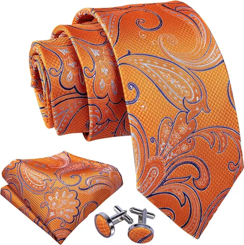 Vista 230 de Barry.Wang - Juego de corbata de seda para hombre, diseño de cachemira, pañuelo y gemelos de bolsillo