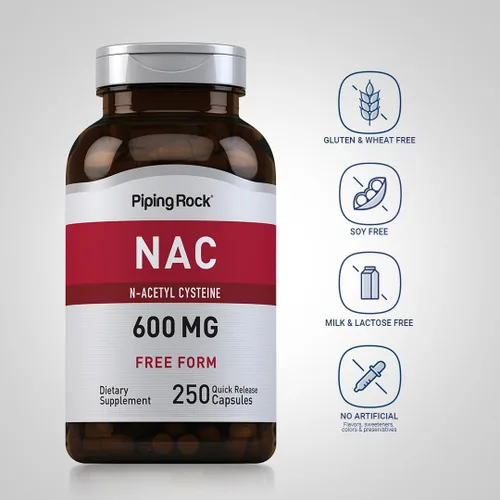 Vista 3 de Piping Rock Suplemento NAC N-acetil cisteína 600 mg 250 cápsulas Pastillas de forma libre para mujeres y hombres Sin OMG, sin gluten