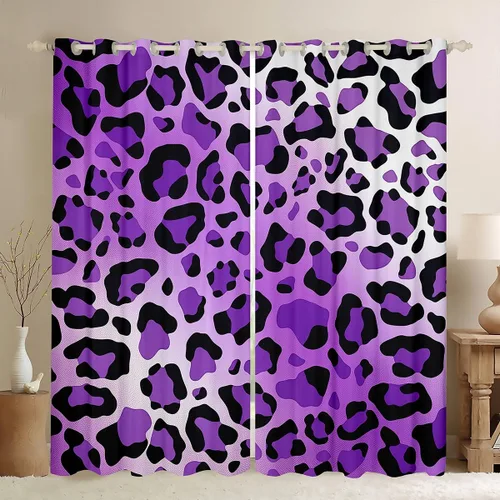 Vista 13 de Feelyou Purple Leopard Print Blackout Curtains Black Wild Safari Darkening Drapes for Bedroom Living Room Decor Cheetah Fur Wildlife Thermal