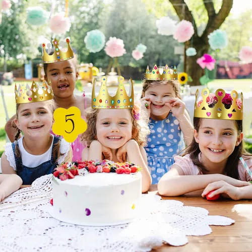 Vista 6 de Juego de 50 coronas de papel dorado a granel para niños, kit de manualidades de corona de princesa DIY Paper Crowns to Decorate, with 28 Sheet Gem