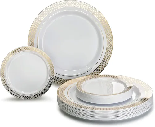 Vista 19 de Occasions" - Juego de 125 piezas (25 invitados) - Platos y cubiertos de plástico para boda, vajilla pesada desechable de 10.5 pulgadas, 6.25